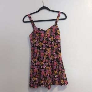 Size 5 Junior Vintage Blue Floral Jumpsuit with Pink and Yellow Accents